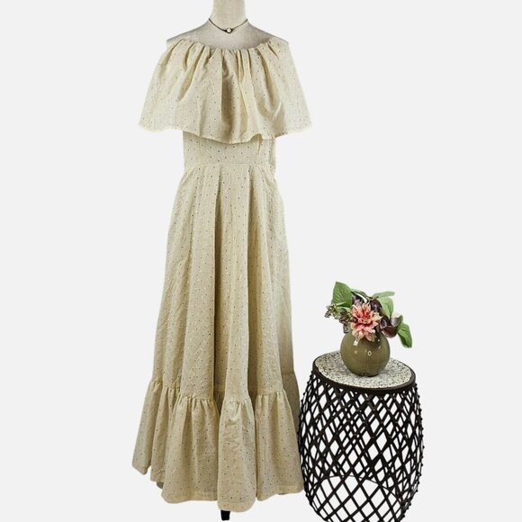 Handmade XS Off Shoulder Maxi Dress Bow Eyelet Prairie Cottage Core Lined Cream - Picture 1 of 15